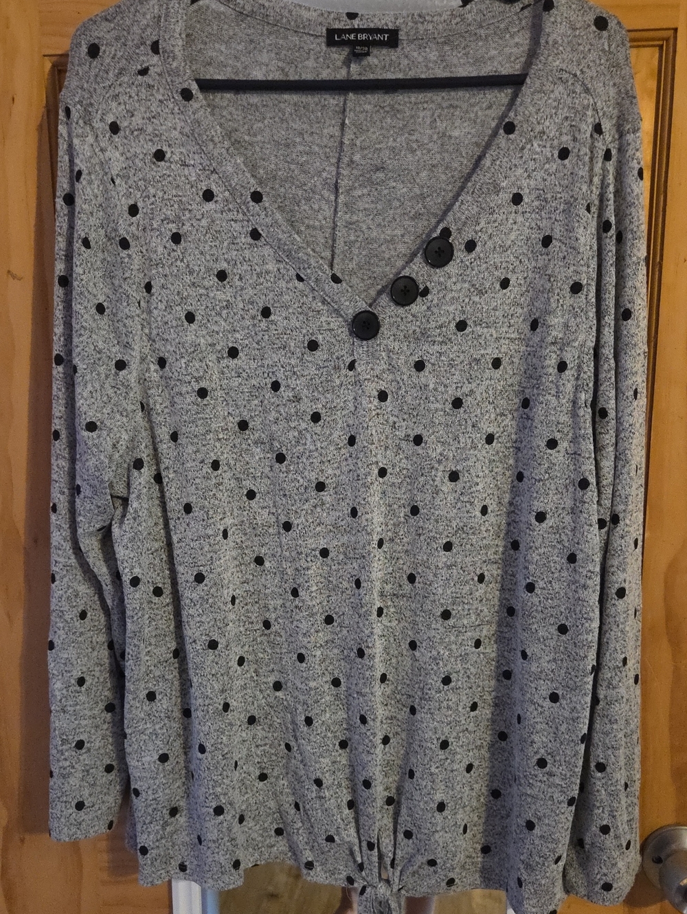 Lane Bryant Gray Polka Dot V-Neck Sweater with Black Buttons